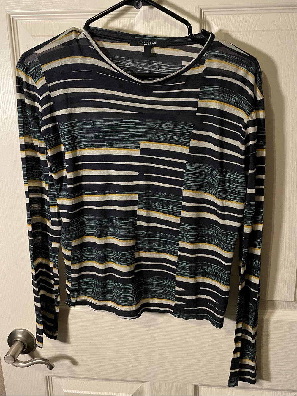 Derek Lam Navy Striped Crew Neck Long-Sleeve Tissue Tee Shirt Top 100% Cotton